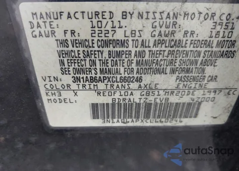 2012 Nissan Sentra 2.0 Sr from USA, damaged, VIN 3N1AB6APXCL660246